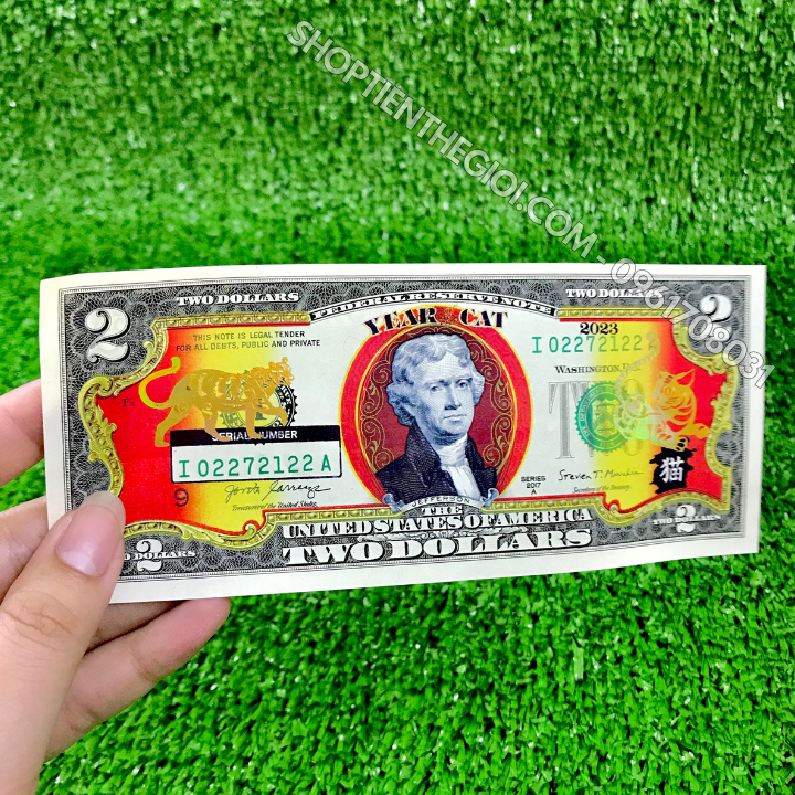 Tiền 2 USD Hình Con Mèo Mạ Vàng 2023 (Mẫu 1 Mèo Nằm)